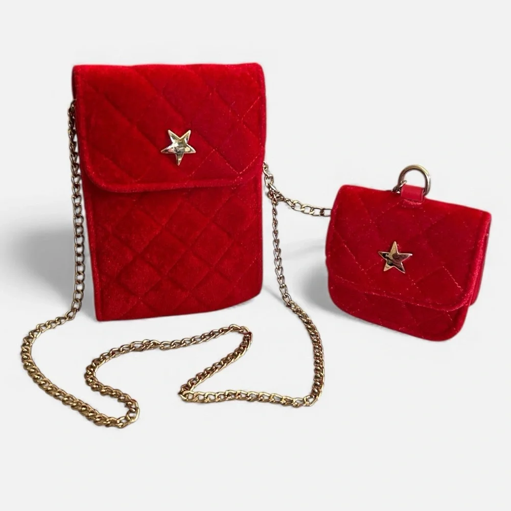 Red Velveteen Mini Purse Set Phone and Coin Case and Chain by Original Marines